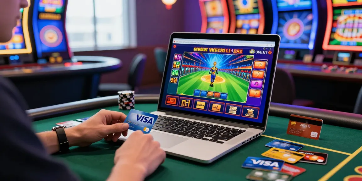 Exciting display of credit card casinos with a player depositing funds using Visa and Mastercard, showcasing vibrant online gaming.