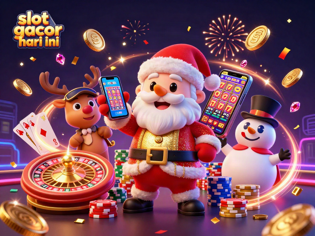 Slot gacor hari ini menunjukkan Santa Claus dan teman-teman bermain di kasino dengan jackpot di smartphone.
