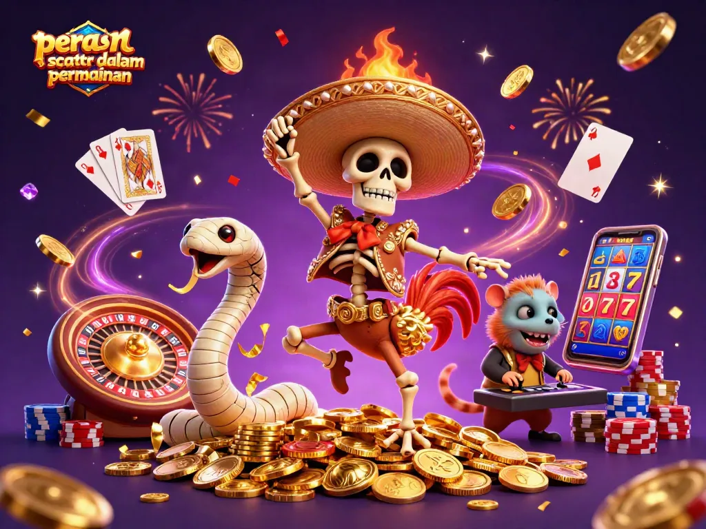 Menggambarkan peran scatter dalam permainan, ilustrasi kartun 3D festival kasino dengan karakter unik merayakan di atas tumpukan koin emas.