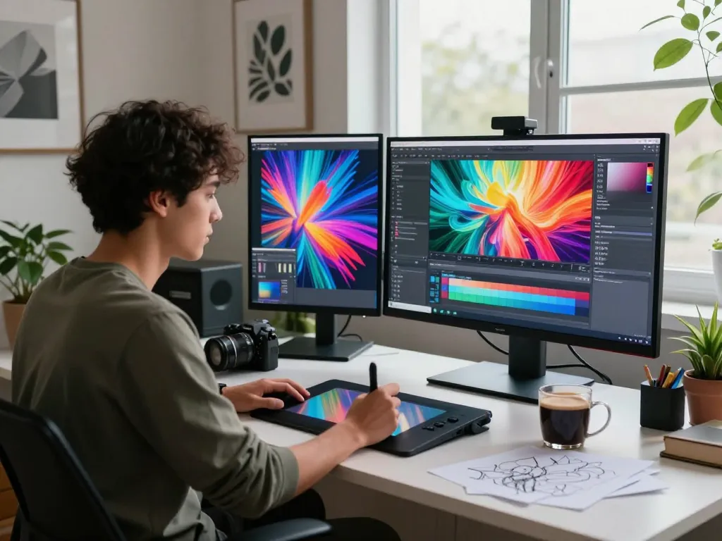 Digital artist creating AI prompts for video to prompt in a vibrant home studio.
