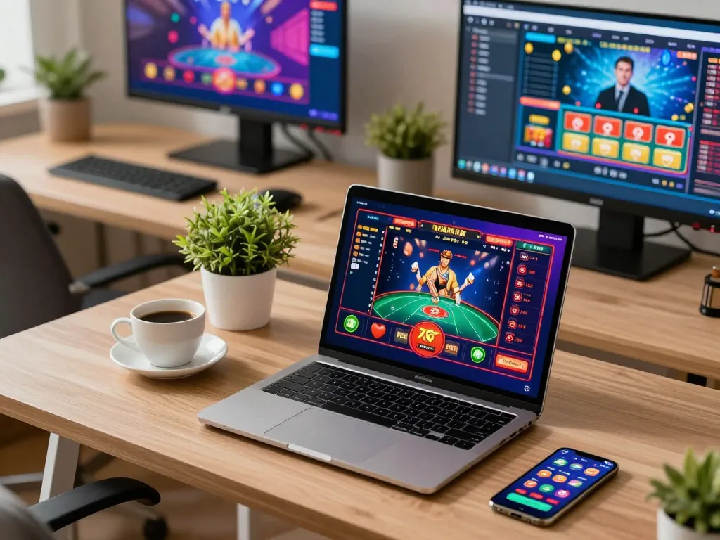 Playing at the best widget store for online gaming, showcasing a dynamic casino setup with a laptop screen and smartphone