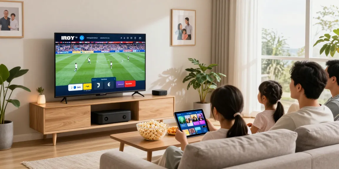 Family enjoying IRON TV streaming live sports in a cozy living room.