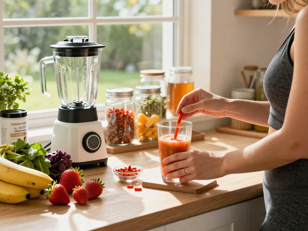 A person preparing a smoothie with natural astaxanthin supplements in a sunlit kitchen, promoting healthy living.