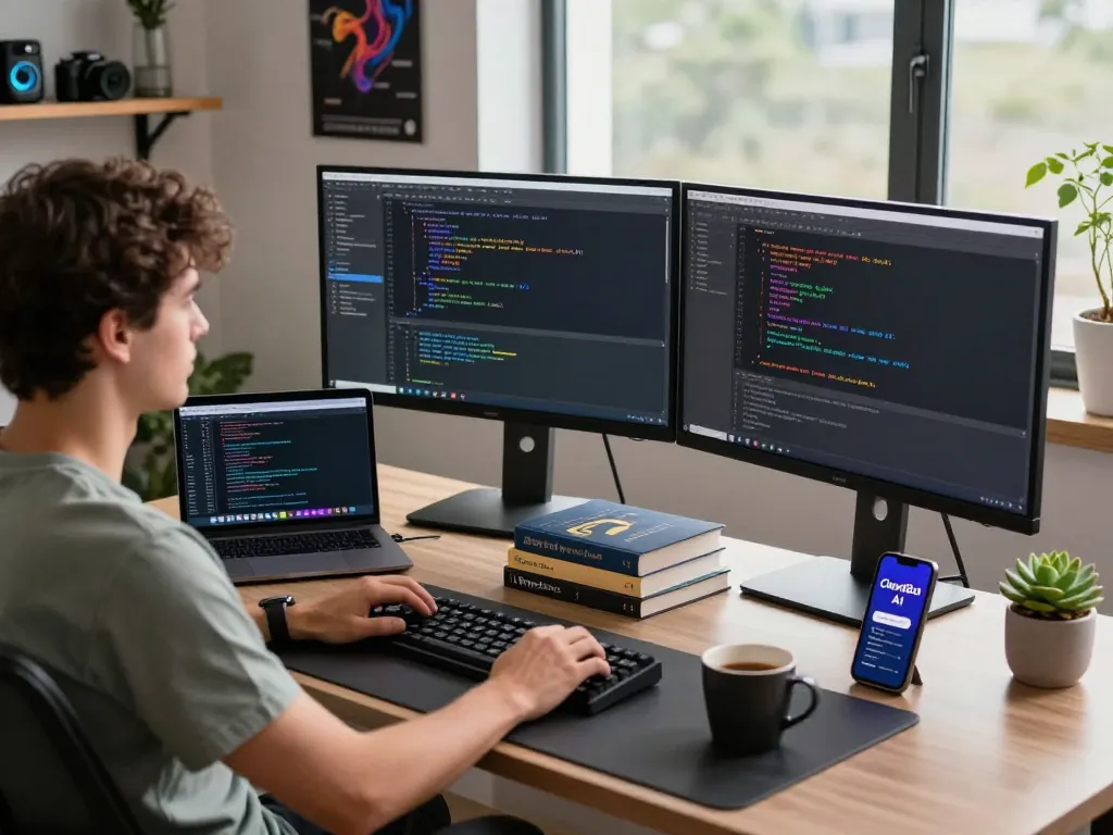 Clawdbot AI in a modern tech workspace with dual monitors and coding environment.