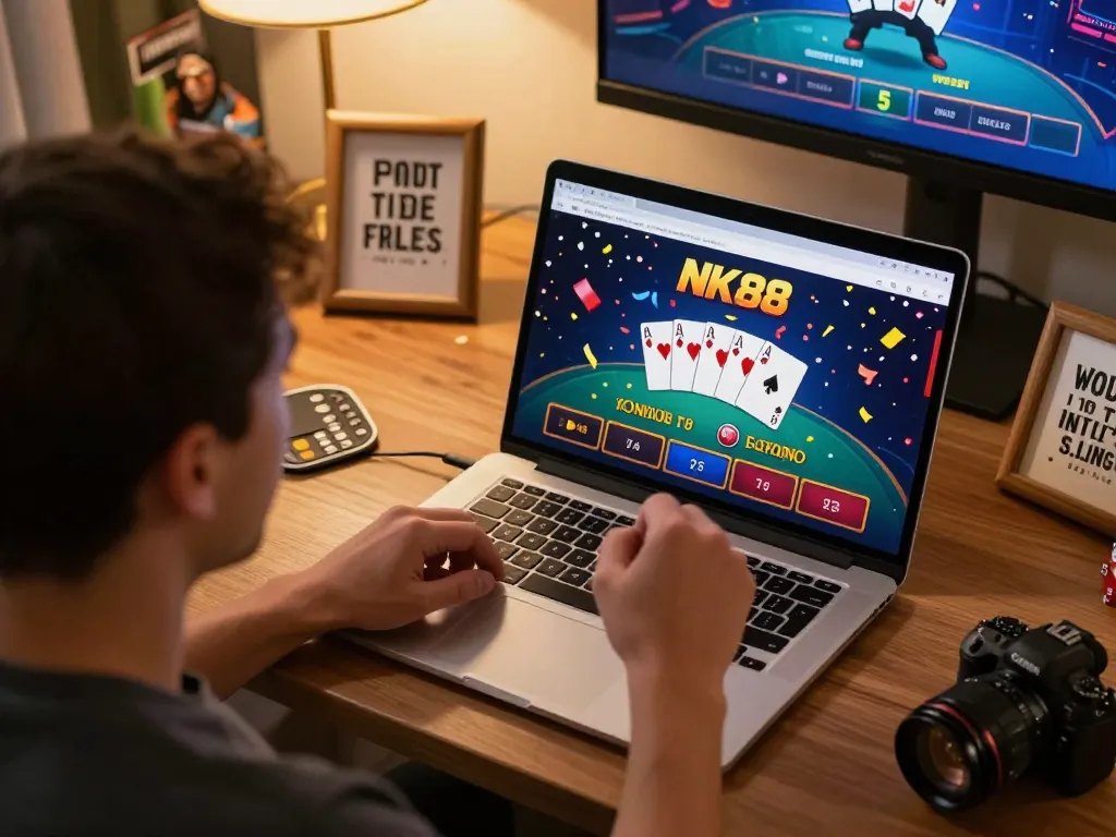 nk88 win by celebrating a successful online poker hand, showcasing dynamic gaming moments