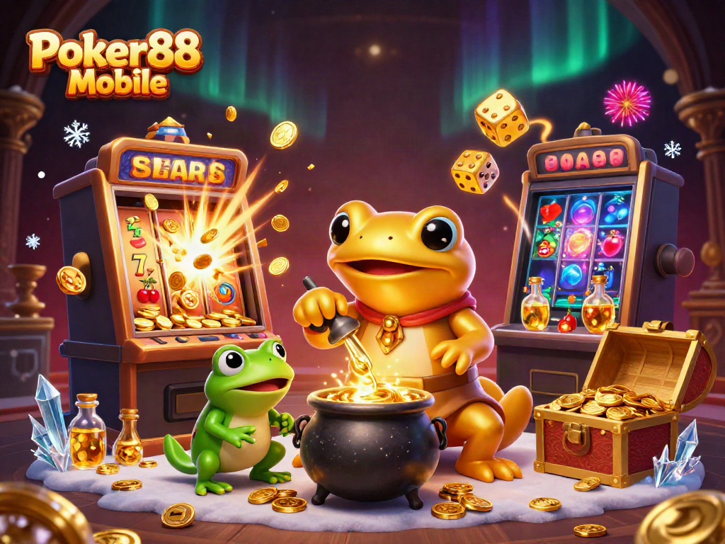 Engage in the excitement of Poker88 Mobile with a vibrant 3D illustration depicting dynamic casino elements.