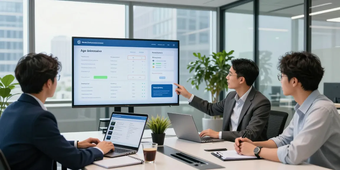 Team collaborating on an age verification system in a modern office.