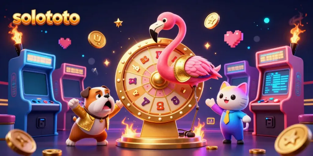 Gulirkan hadiah di solototo dengan pembawa acara flamboyan dan hewan peliharaan yang ceria.