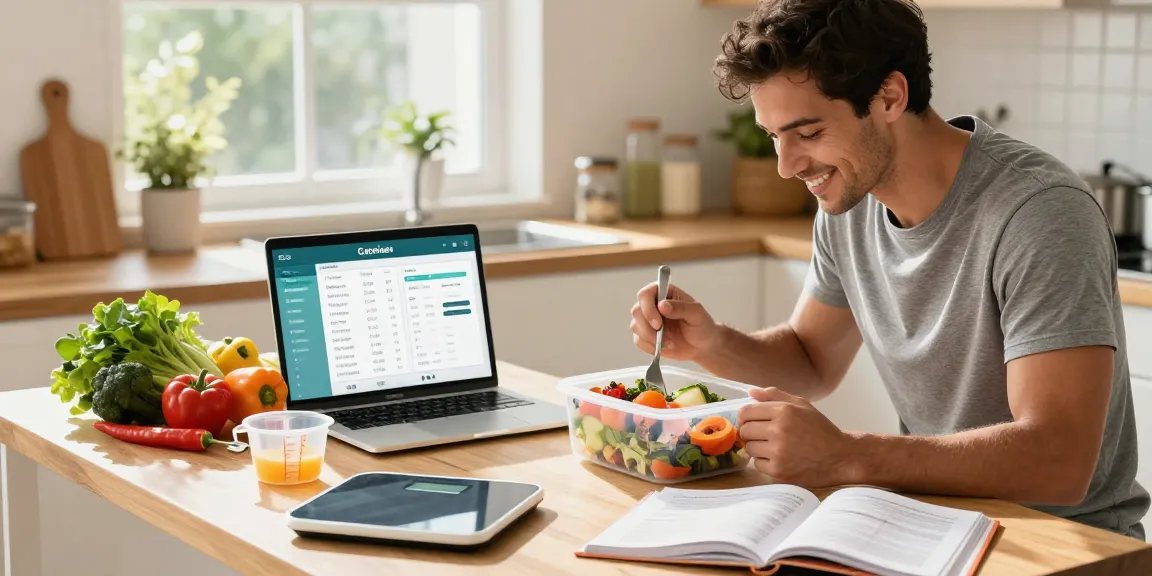 Tracking meals with the best calorie tracking app in a bright kitchen, surrounded by fresh ingredients and nutrition tools.