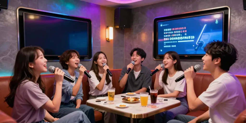 도파민 가라오케에서 친구들이 즐겁게 노래하는 모습, 화려한 조명과 아늑한 분위기.