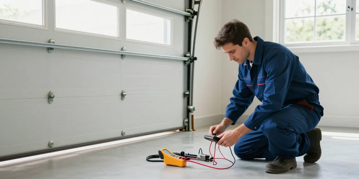 Expert checking roller door stuck issues in a well-lit garage.