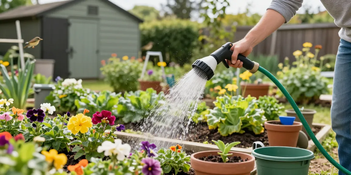 Using the rainpointbest hose nozzle to effortlessly water a vibrant garden, showcasing gardening tools and lively plants.