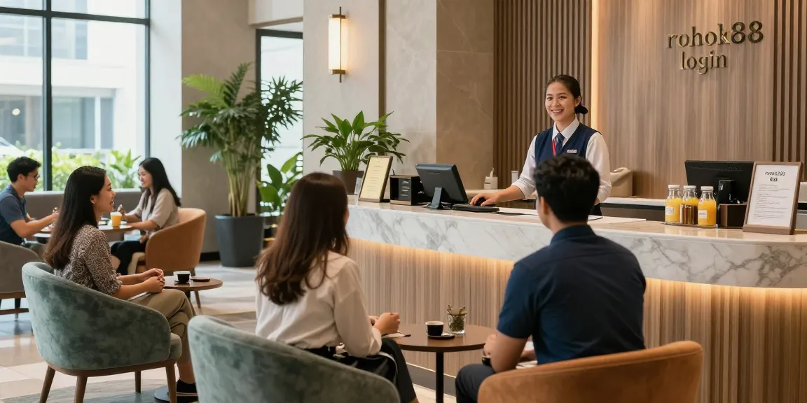 ROKOK88 login displayed at welcoming hotel lobby scene with guests checking in.
