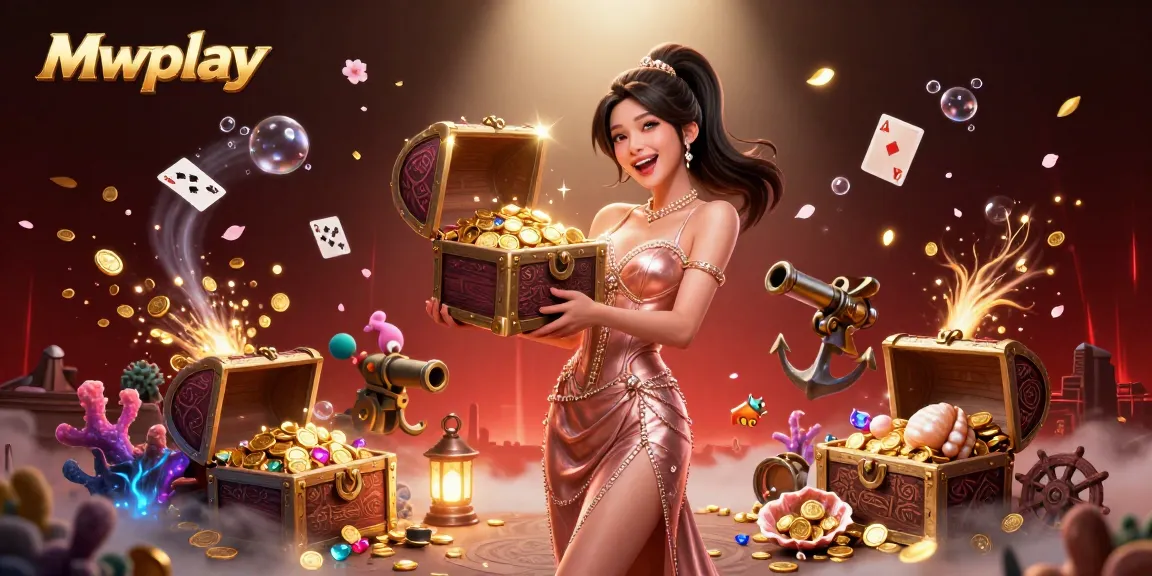 Experience thrilling wins at Mwplay in this vibrant casino illustration featuring treasures and game elements.