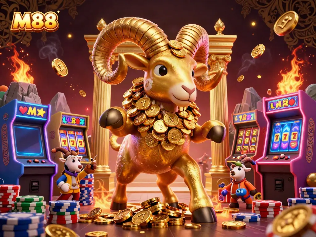 Experience thrilling gameplay with M88 in this vibrant casino scene featuring golden ram and slot machines.