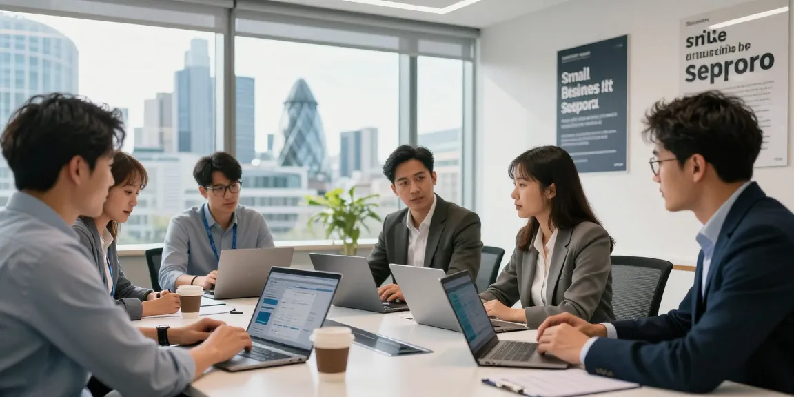Expert team collaborating on small business IT support London strategy in a modern office.