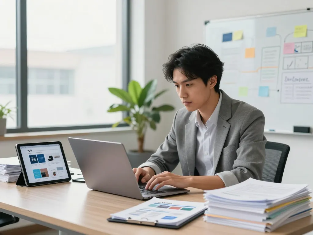 Entrepreneur purchasing PLR content in a modern office setting