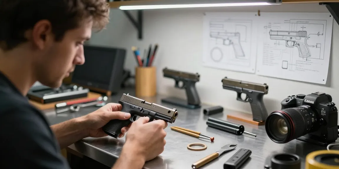 Custom Glock slide assembly at https://precisionglockslides.com workshop, highlighting precision craftsmanship and tools.