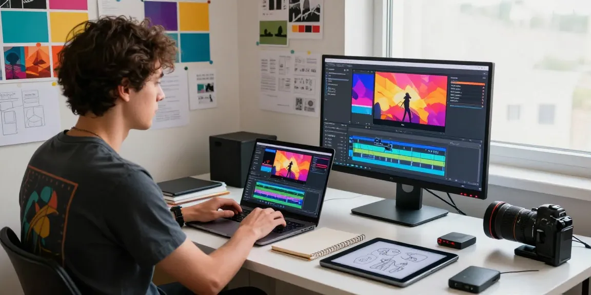 Creative video editing and animation course in an inspiring studio with vibrant projects displayed on screens and walls.