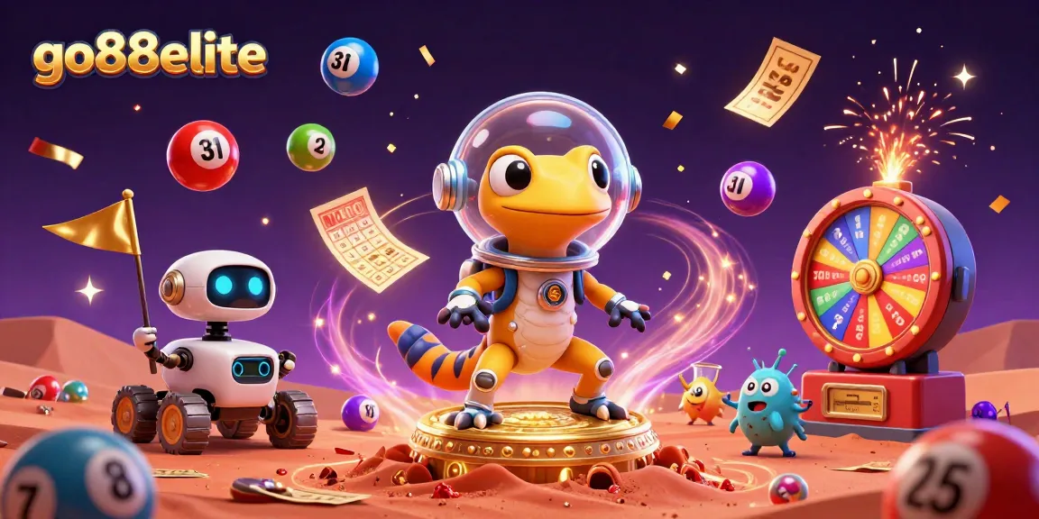 Celebrate with go88elite at a vibrant Martian casino, surrounded by dynamic lottery elements and cheerful alien bacteria.