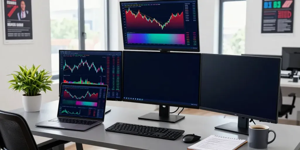 Trader using MetaTrader 5 software while analyzing charts in a bright office