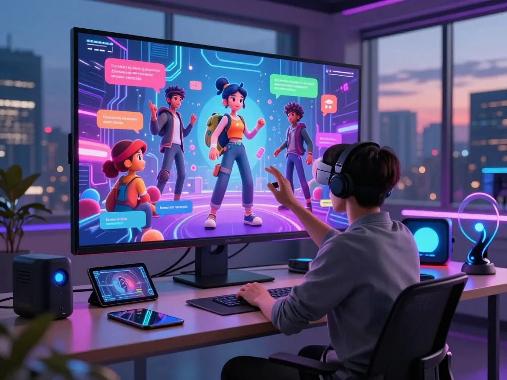 Engaging scene of Crush on AI showing user interacting with vibrant virtual characters in a modern workspace.