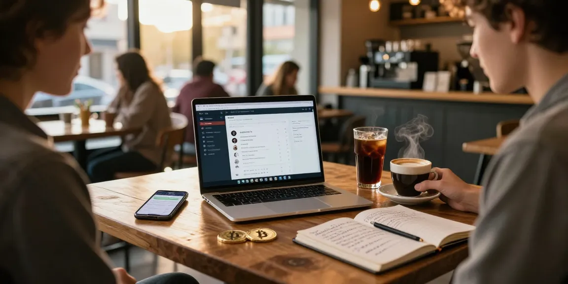 Engaging bitcoin mining platform dashboard in a cozy coffee shop setting, showcasing cryptocurrency wallet and blockchain research.