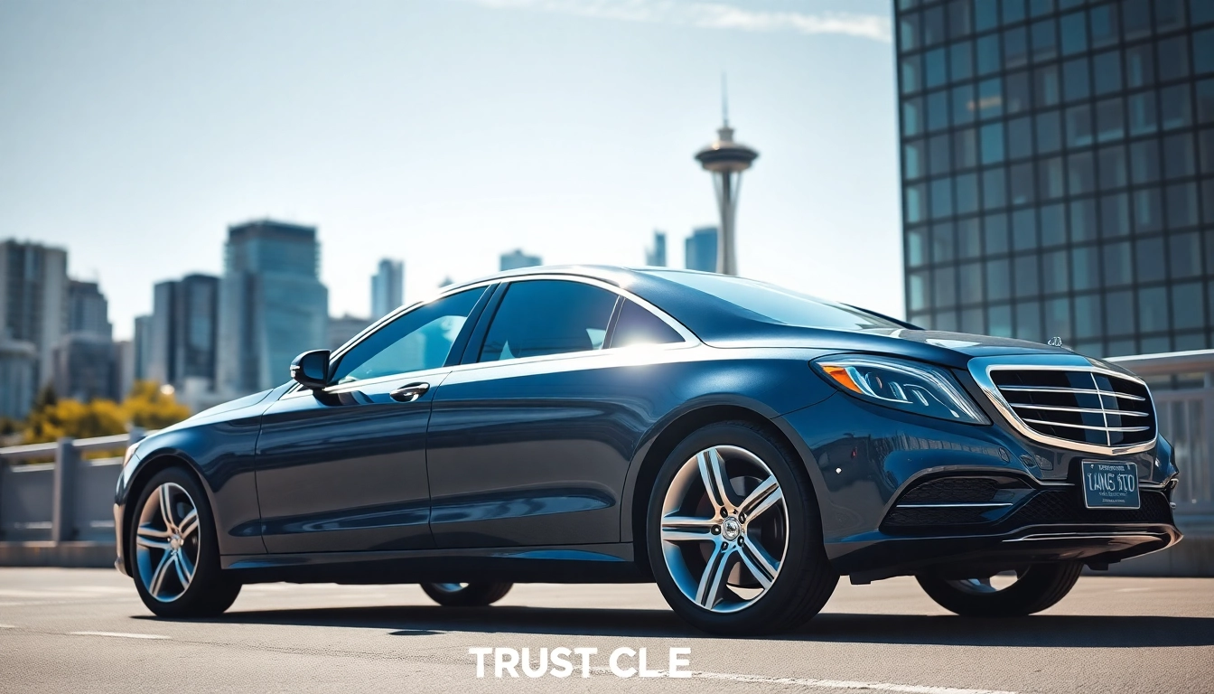 Experience premium vancouver to seattle car service with a luxury vehicle against a stunning skyline.