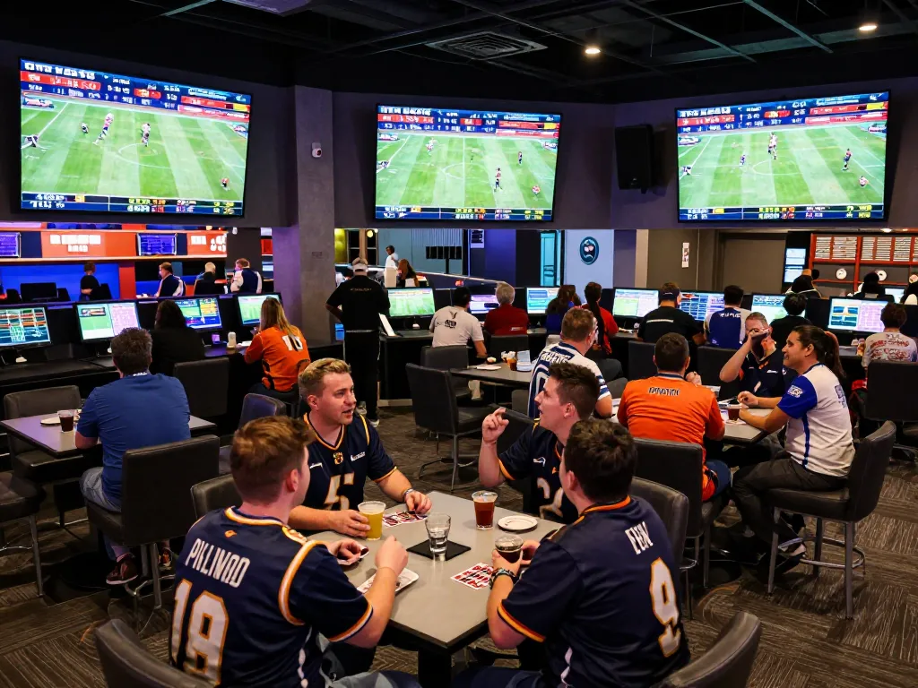 Fans engaging in sports betting at Onbet, excitedly watching live game updates and placing bets.