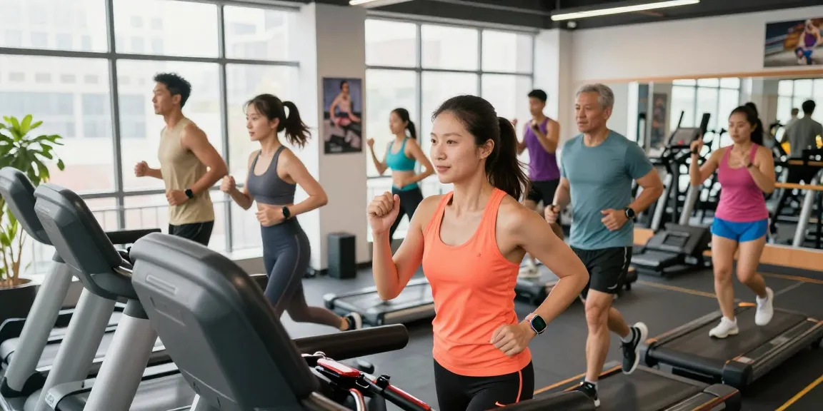 Aktivitas di gym modern dengan perangkat Fitbit Luxe dari https://www.polarfitbitshop.com/fitbit-luxe/ dalam suasana pagi yang energik.