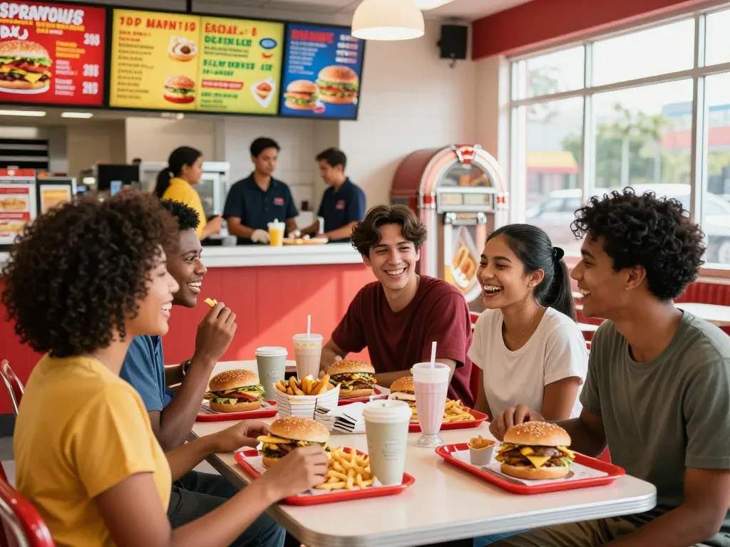 Friends enjoying fast food prices in a lively restaurant setting