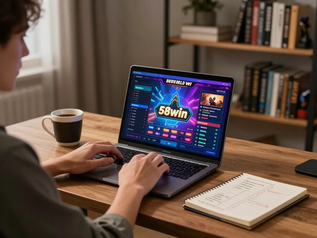 Engaging with 58win on a laptop in a cozy home office, showcasing strategic casino gameplay.