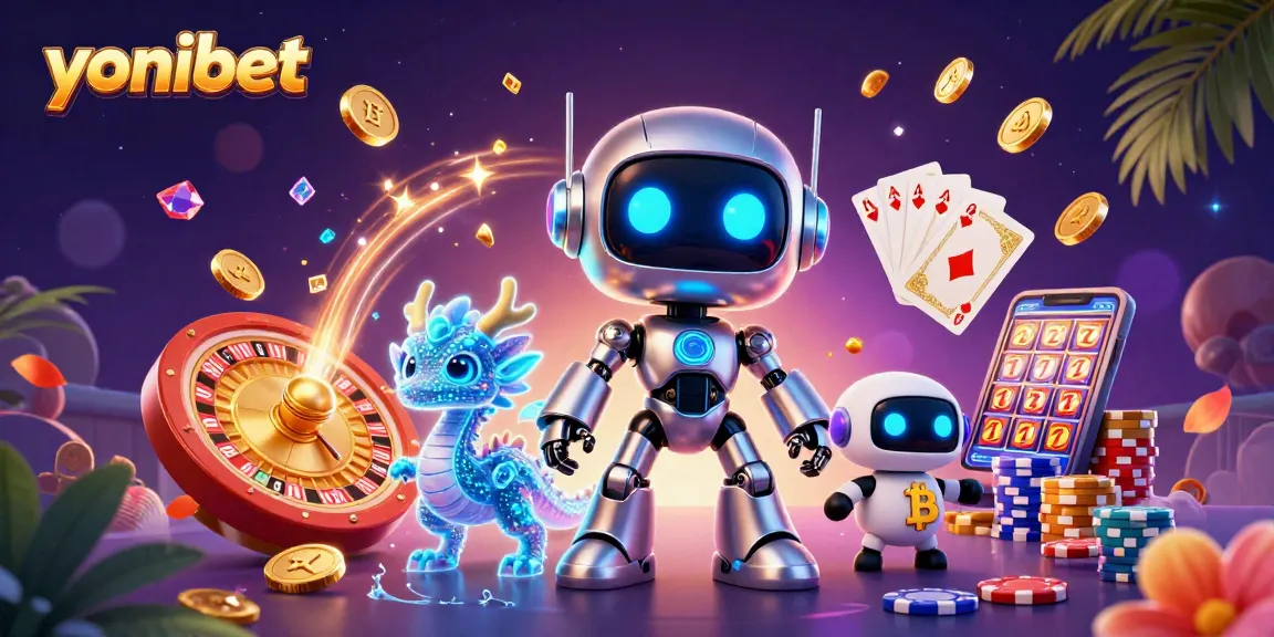 Experience the exciting world of yonibet with vibrant casino elements featuring a futuristic robot and holographic companions.
