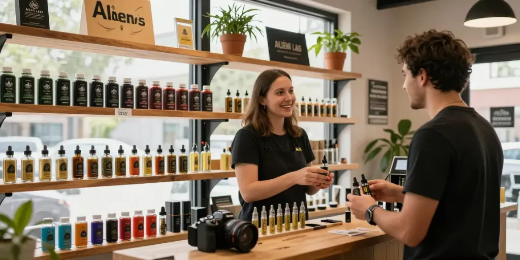 Alien Labs Live Resin products displayed in a rustic cannabis shop.