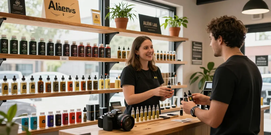 Alien Labs Live Resin products displayed in a rustic cannabis shop.