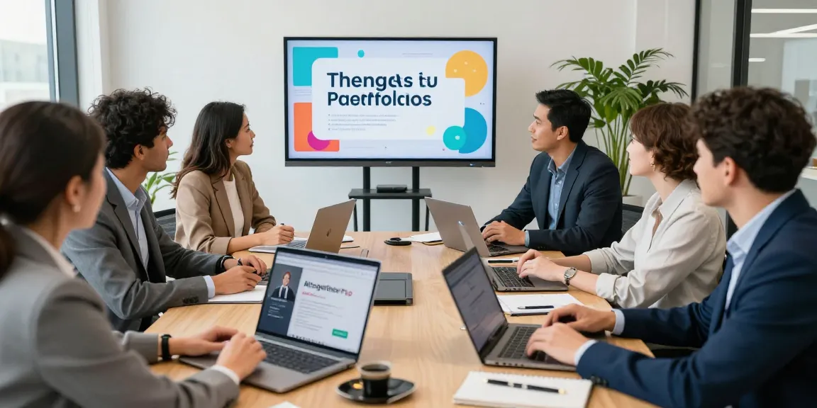Group of professionals collaborating on their portfolios to strengh up your portfolio. in a modern office.
