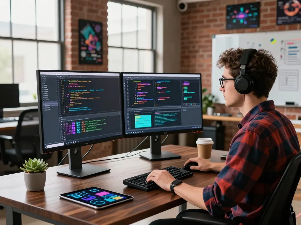 Image to prompt generator in a tech workspace showcasing a developer generating code and brainstorming.
