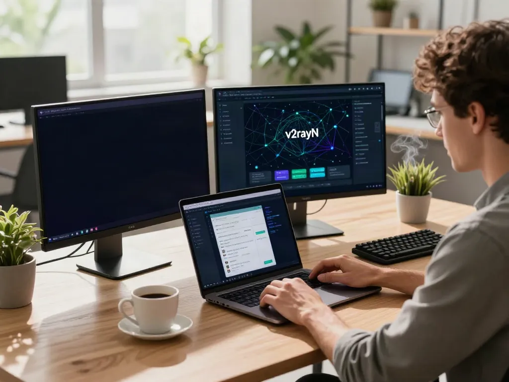 v2rayN官网 settings in a modern tech workspace with laptop and network configurations.