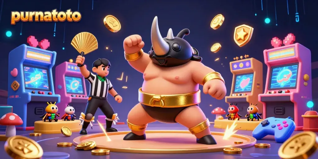 Purnatoto menampilkan juara sumo kumbang yang menginspirasi dengan koin emas terbang dalam permainan slot online.