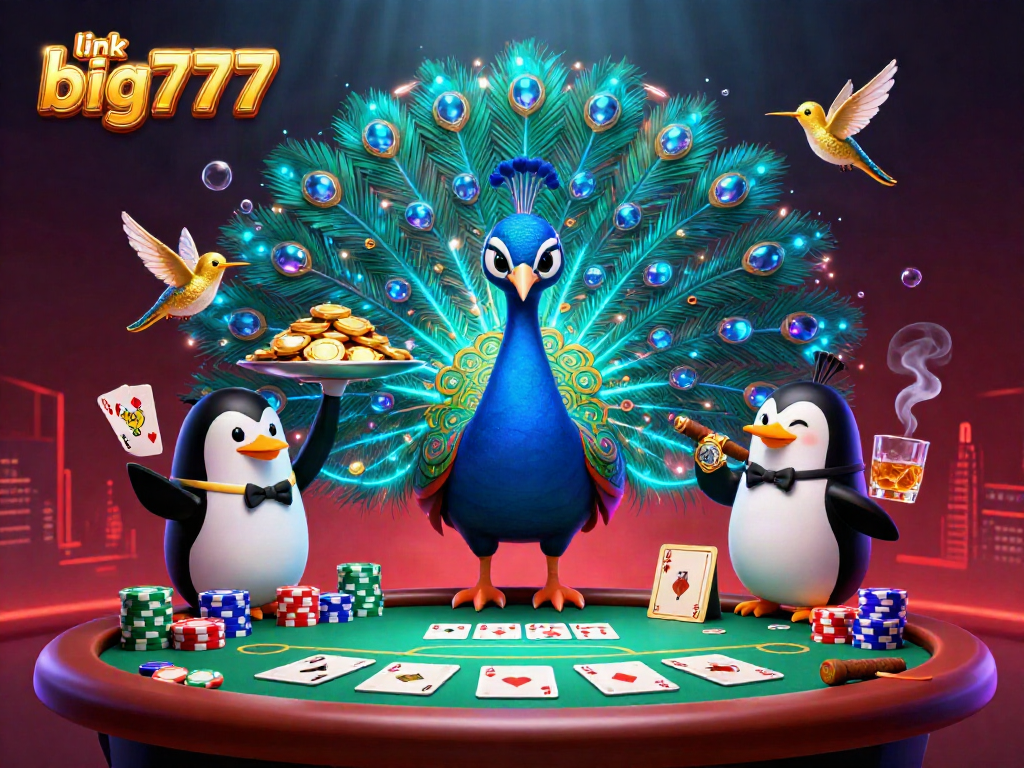 Experience the thrill of games at link big777, featuring a vibrant peacock and friendly characters at a poker table.