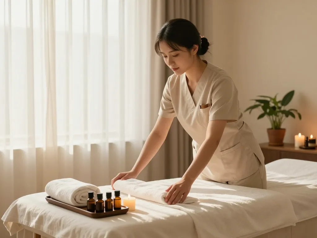 Experience top-quality 부평출장마사지 in a tranquil setting with a skilled therapist preparing for a relaxing session.