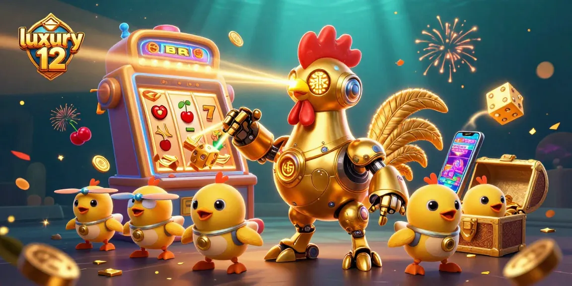 Engage with luxury 12 gaming excitement featuring a golden rooster robot amidst jackpot thrills.