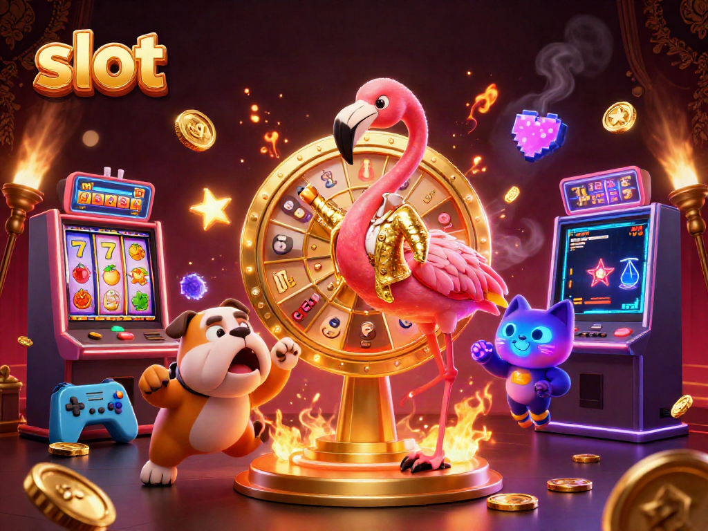 Slot dengan host flamingo dalam jaket emas, bulldog, dan kucing menampilkan hadiah di kasino.