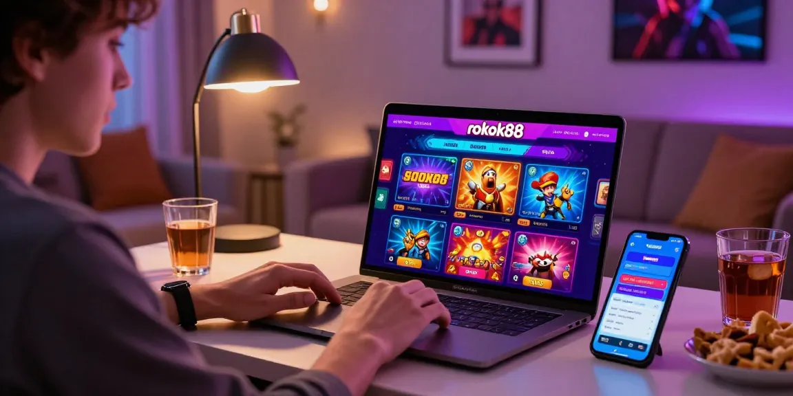Engaged user exploring rokok88 link alternatif on a vibrant online gambling platform in a cozy home setting.