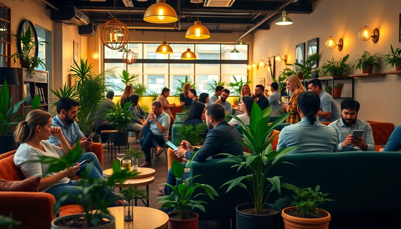 Guests socializing at The Corner Cannabis Club Madrid: in a cozy, stylish lounge atmosphere.