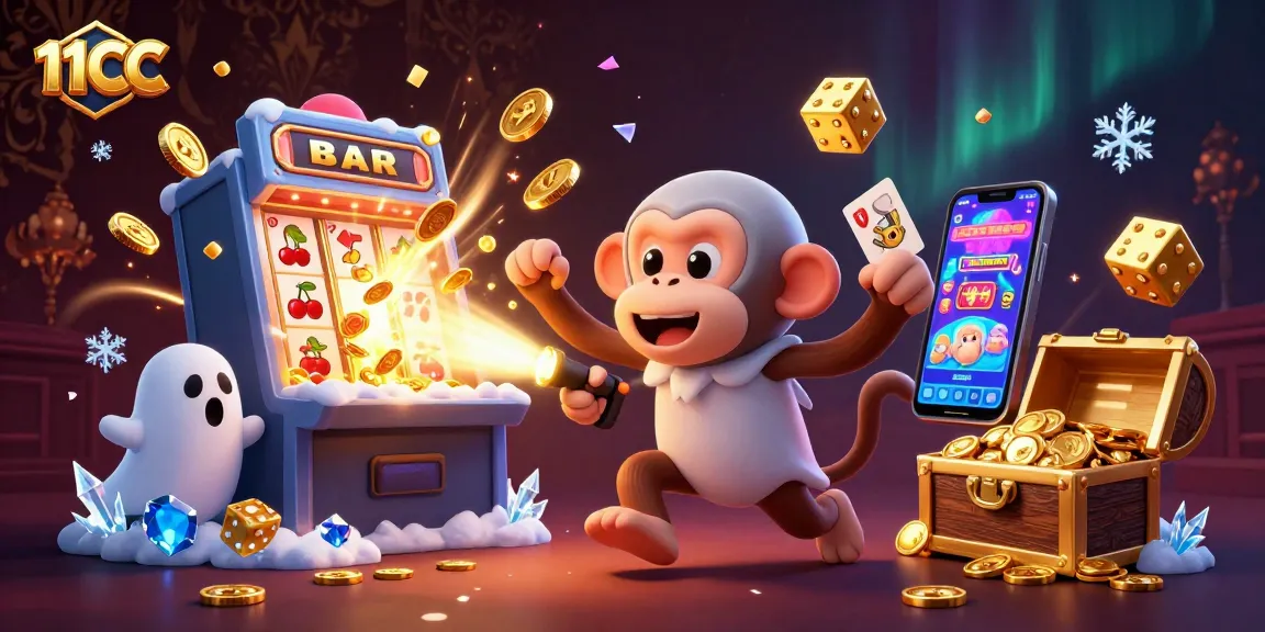 Experience thrilling 11CC gaming action with a mischievous monkey and a ghost-hunter puppy in a vibrant casino scene.