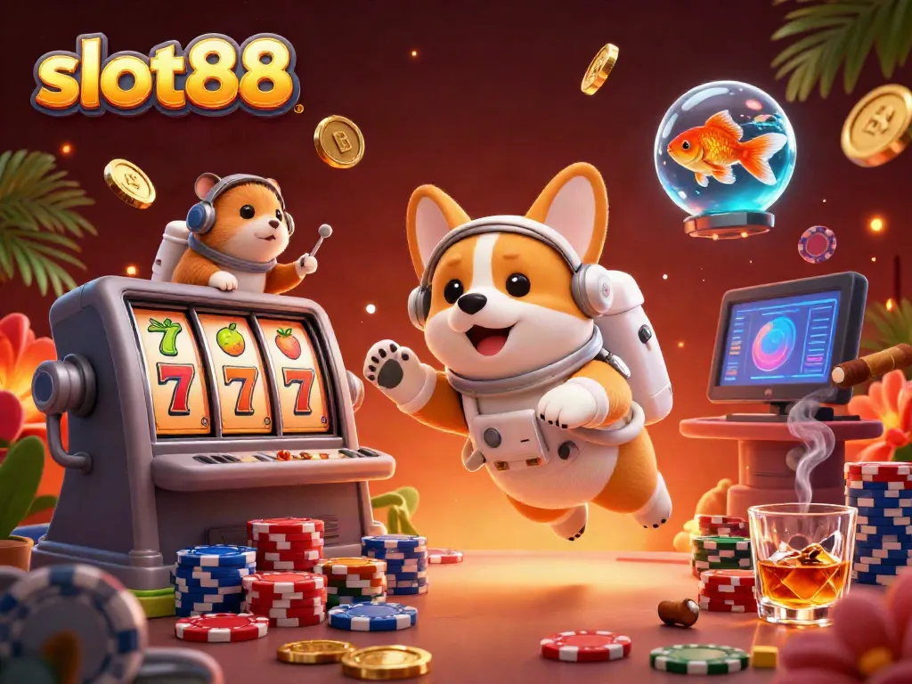 Experience slot88 excitement with a cartoon astronaut corgi in a floating casino scene featuring jackpots and vibrant poker chips.
