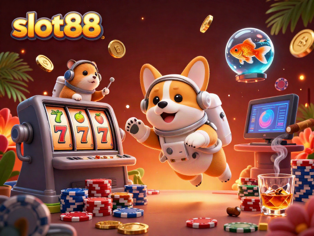 Experience slot88 excitement with a cartoon astronaut corgi in a floating casino scene featuring jackpots and vibrant poker chips.