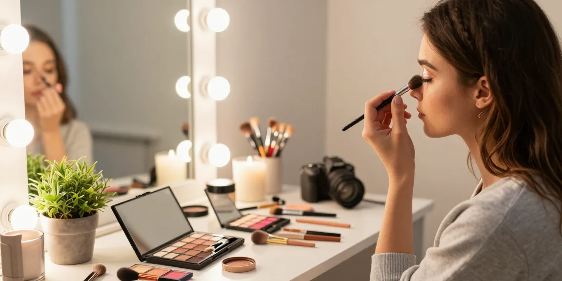 Model receiving champagne eyeshadow application in a warm, inviting beauty setting.