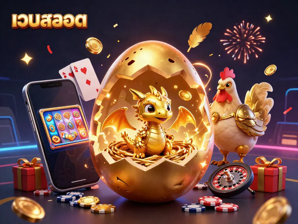 Experience thrilling เว็บสล็อต action with a golden dragon on poker chips amidst vibrant casino elements.